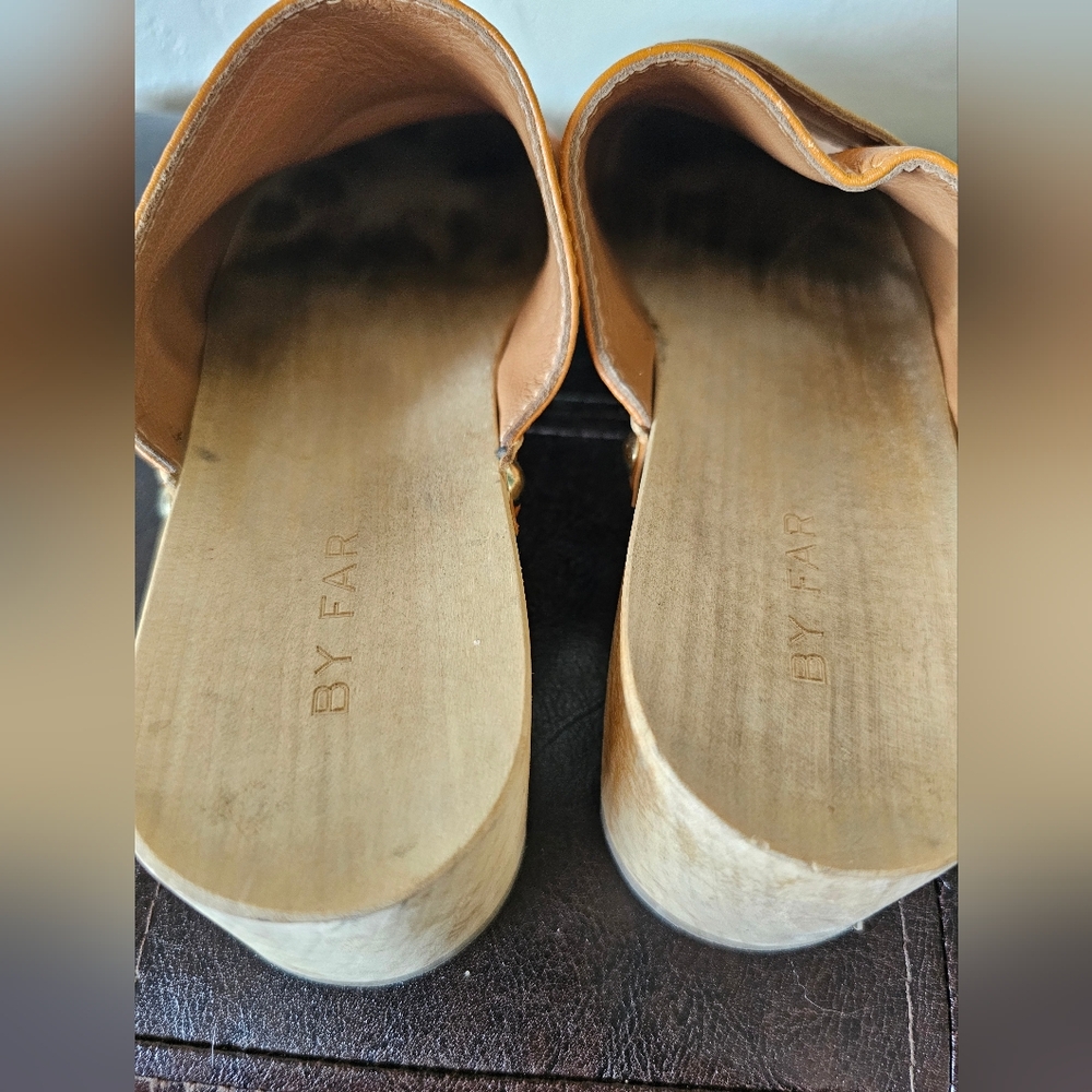 BY FAR Hans Tan Orange Wooden Leather Effortless Boho Chic Clogs Sz EU 36 - Picture 7 of 12